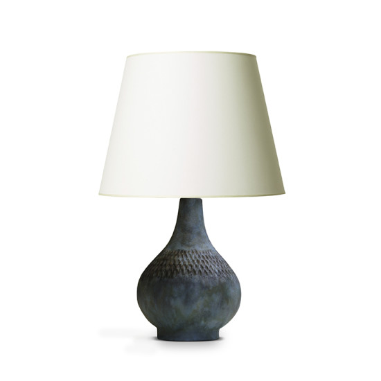 Vallauris style table lamp in brushy green-raw umber glazes | Gallery BAC