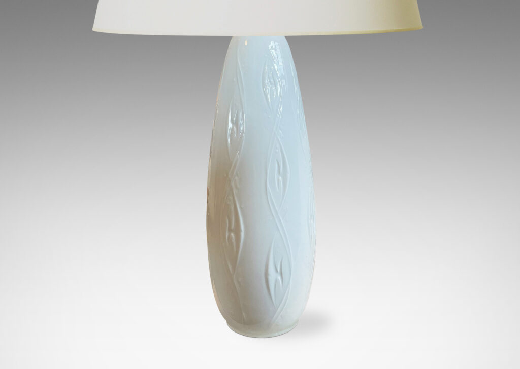 Gallery BAC tall tapering ovoid bases with swirling motifs in white glazed porcelain