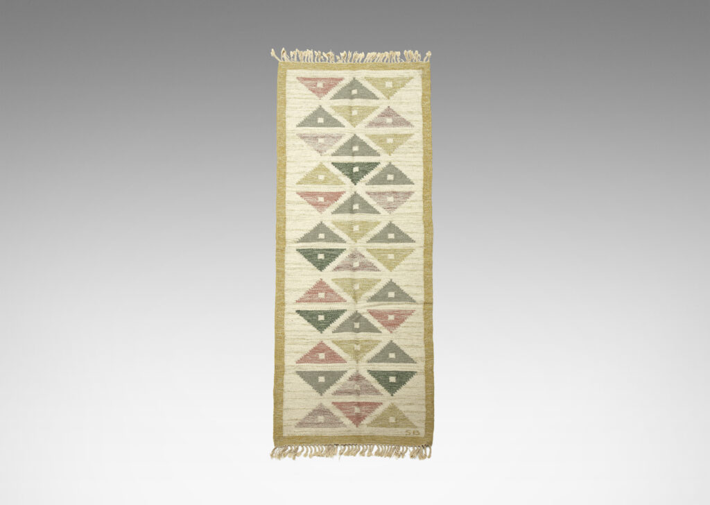 Gallery BAC Hand-woven wool flat-weave runner in sage, dark green, rose, and gray on a marled cream and gray yarn background