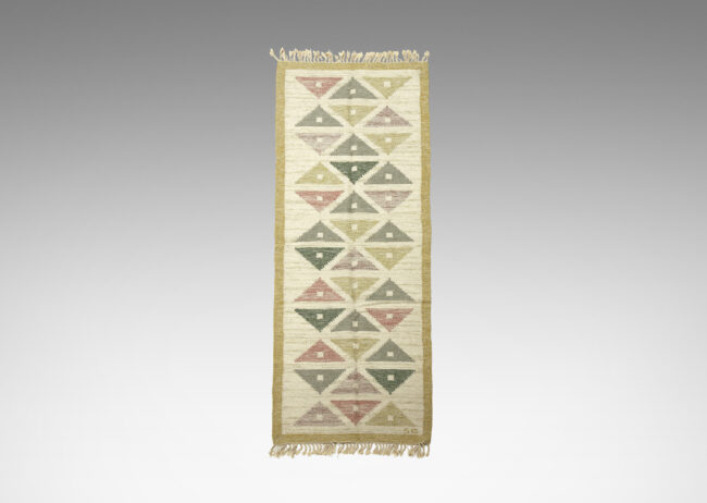 Gallery BAC Hand-woven wool flat-weave runner in sage, dark green, rose, and gray on a marled cream and gray yarn background