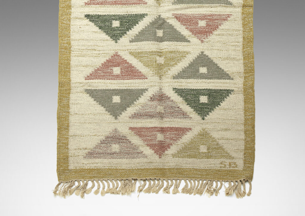 Gallery BAC Hand-woven wool flat-weave runner in sage, dark green, rose, and gray on a marled cream and gray yarn background