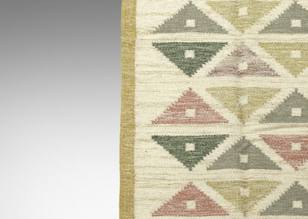 Gallery BAC Hand-woven wool flat-weave runner in sage, dark green, rose, and gray on a marled cream and gray yarn background