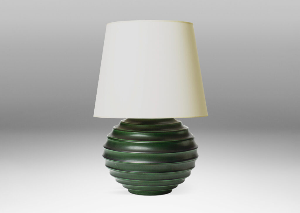 Gallery BAC amp with deep and sculptural horizontal fluting in stoneware with deep green glaze