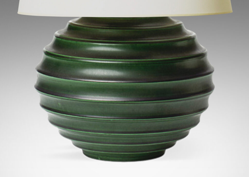 Gallery BAC amp with deep and sculptural horizontal fluting in stoneware with deep green glaze