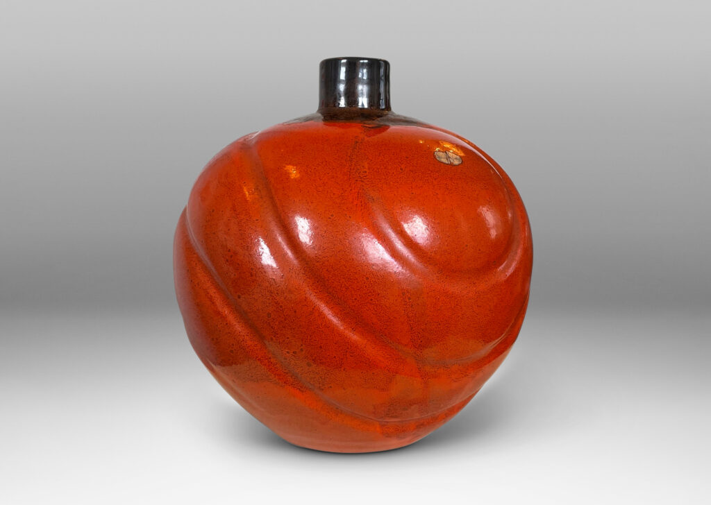 Gallery BAC tapering globe forms with concentric lobes in persimmon orange with luster charcoal glaze