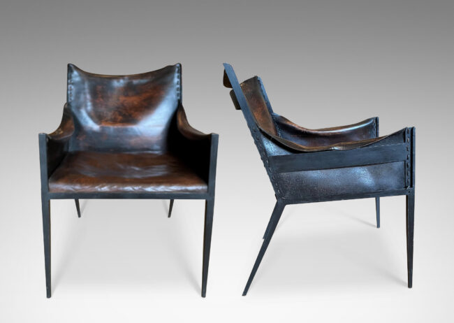 Gallery BAC black painted iron frames and patinated strap leather seats