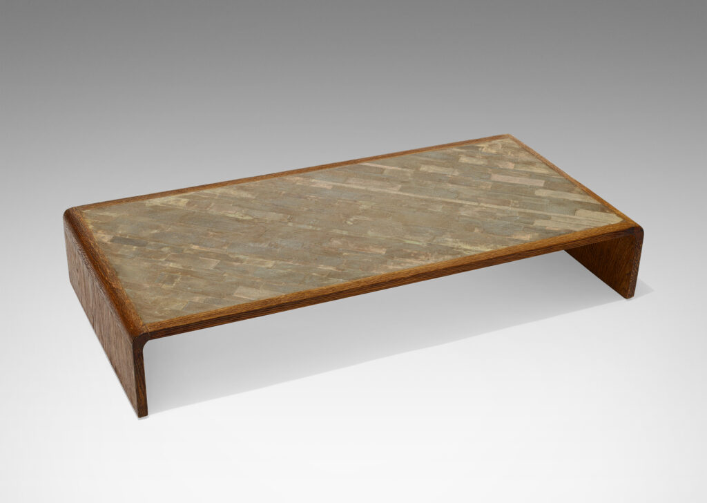 Gallery BAC coffee table in sanded oak with top surface of staggered diagonal green-tinted shagreen tiles