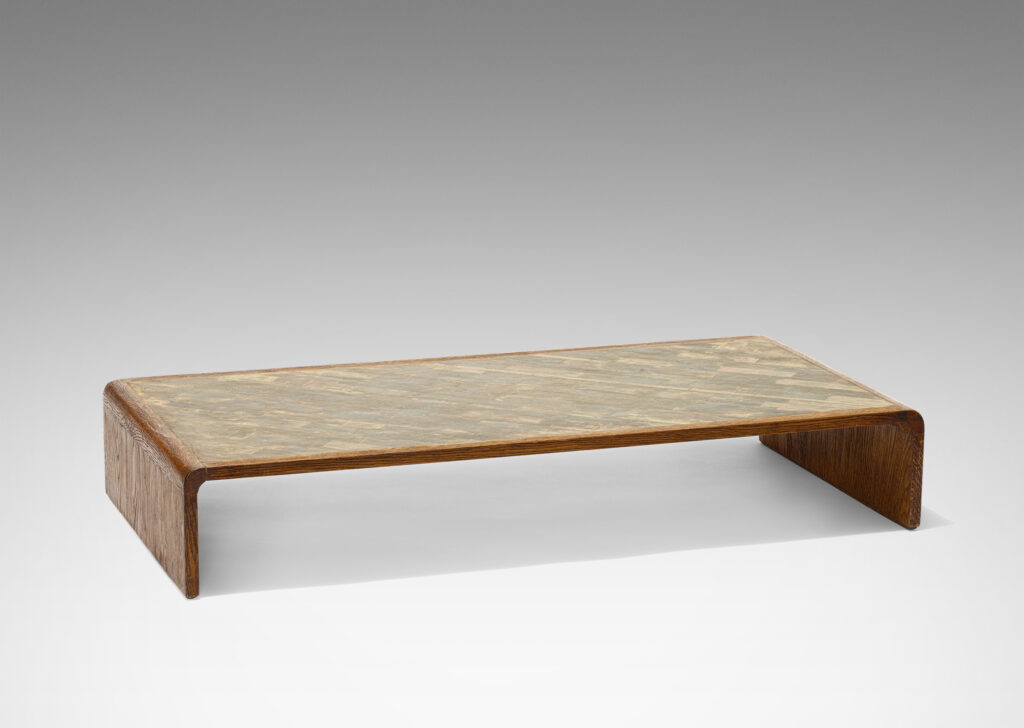 Gallery BAC coffee table in sanded oak with top surface of staggered diagonal green-tinted shagreen tiles