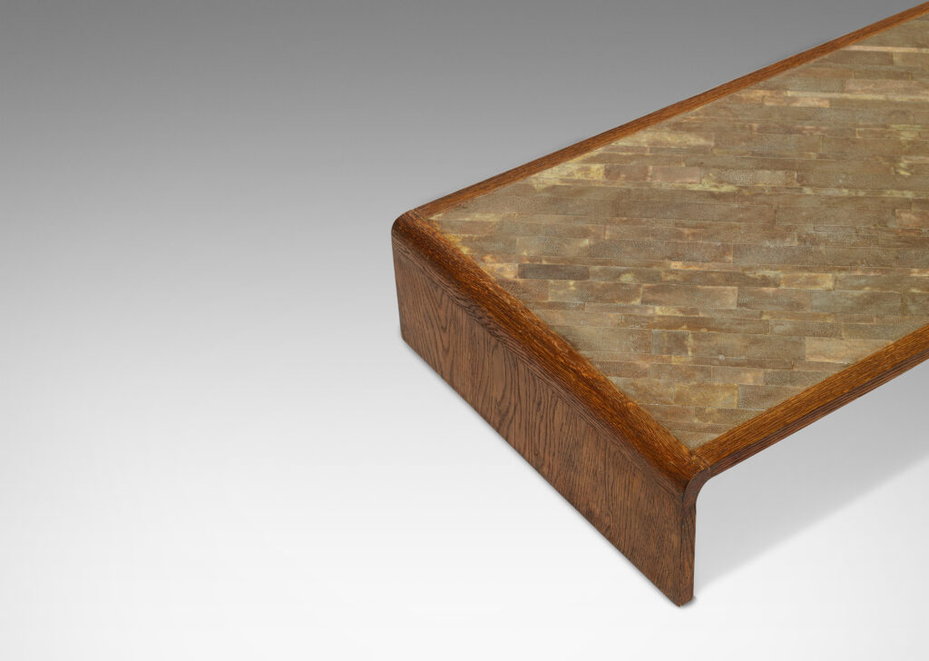 Gallery BAC coffee table in sanded oak with top surface of staggered diagonal green-tinted shagreen tiles