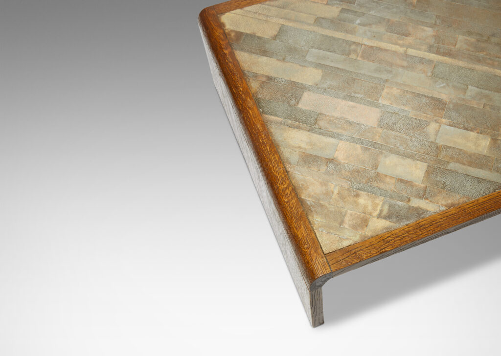 Gallery BAC coffee table in sanded oak with top surface of staggered diagonal green-tinted shagreen tiles