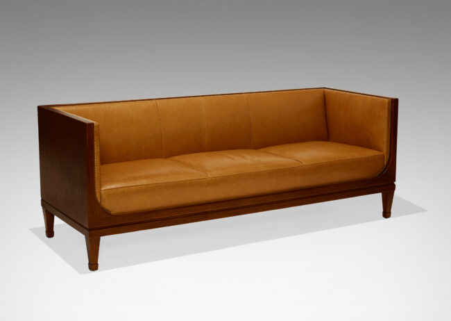 Gallery BAC Elegant sofa rare iteration in oak and whiskey leather