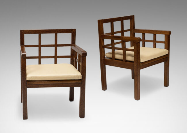 Gallery BAC armchairs in palm wood with French caning and leather cushions