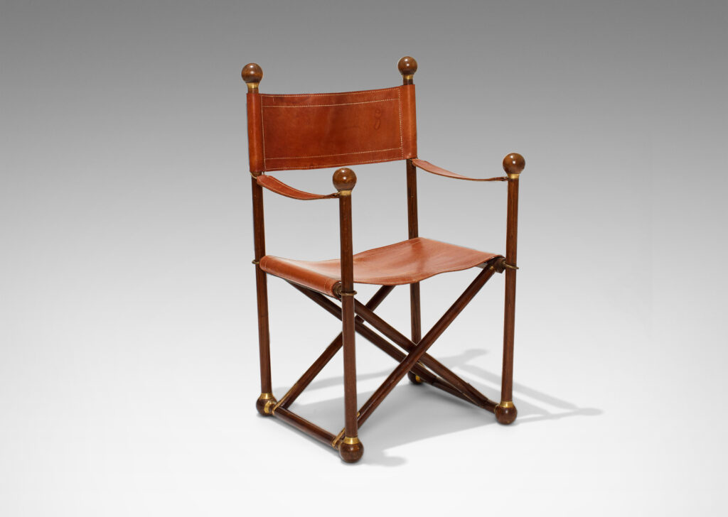 Gallery BAC folding chair stained oak with brass fittings and original strap leather