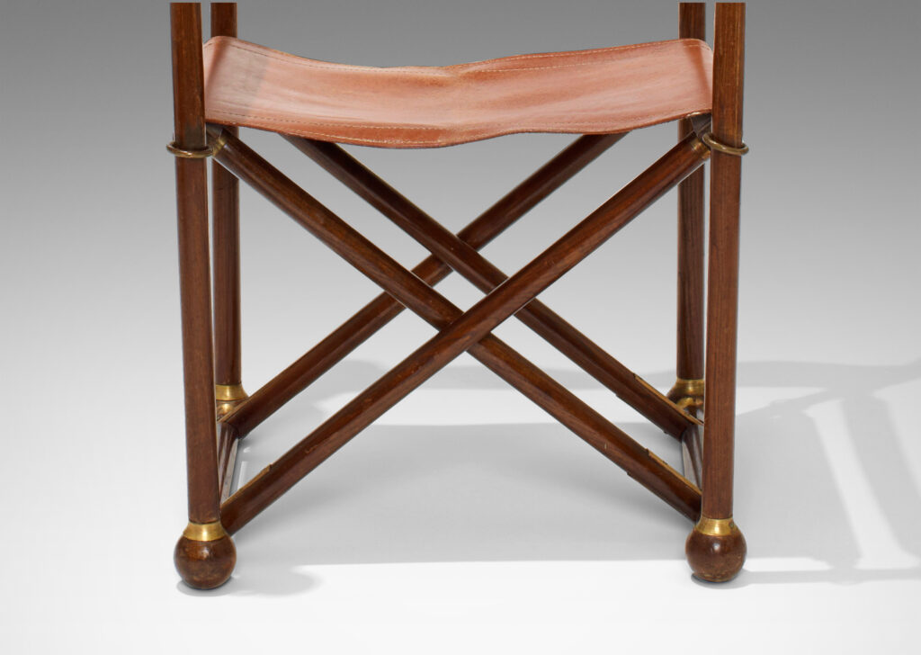 Gallery BAC folding chair stained oak with brass fittings and original strap leather