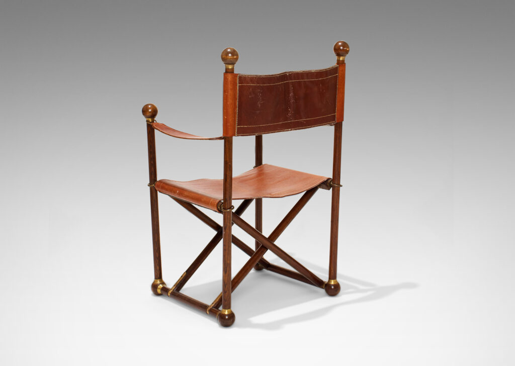 Gallery BAC folding chair stained oak with brass fittings and original strap leather