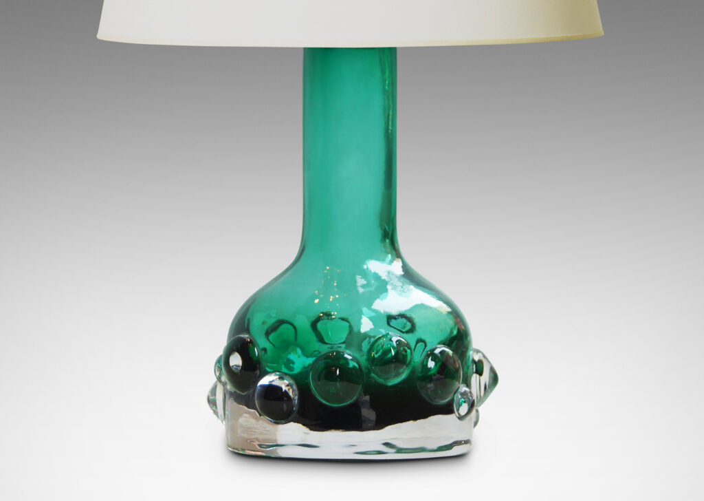 Gallery BAC bottle forms in clear glass with emerald green inside tint and applied bubble relief