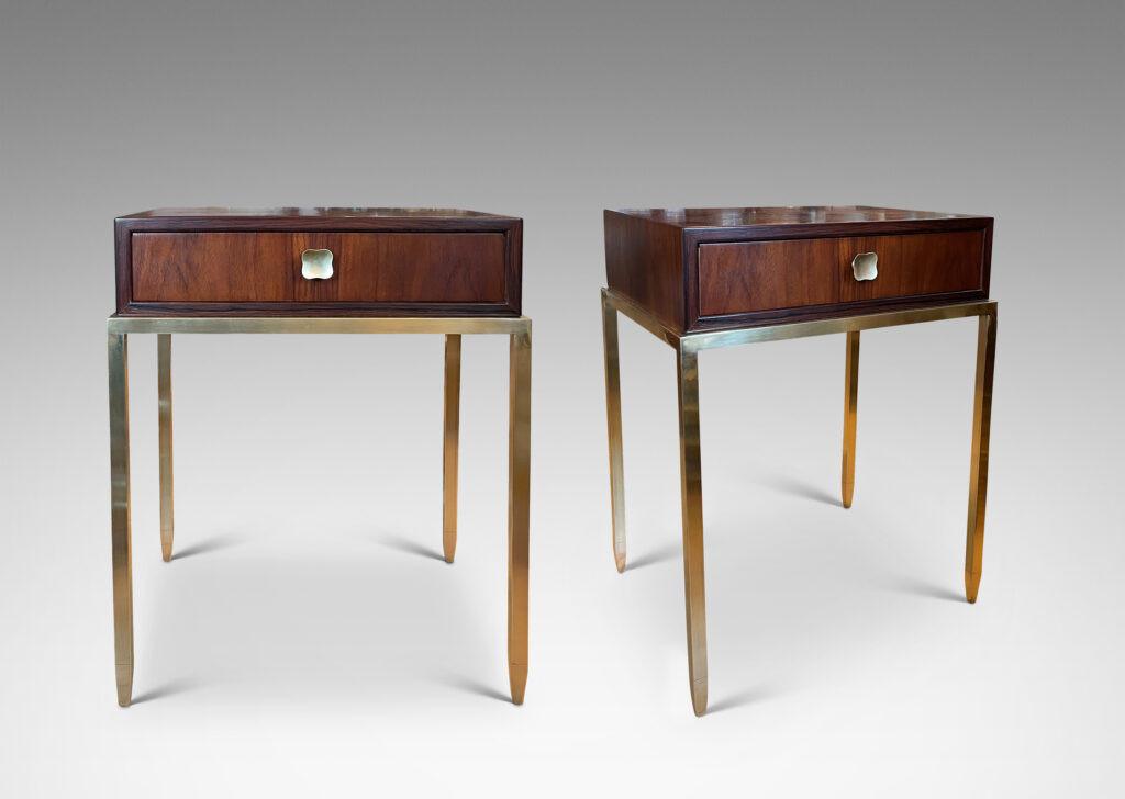 Gallery BAC brass stands with tapering legs and rosewood case with drawers