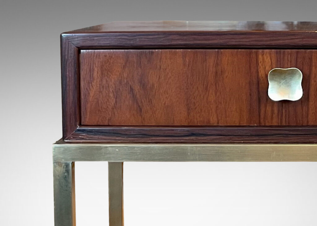 Gallery BAC brass stands with tapering legs and rosewood case with drawers