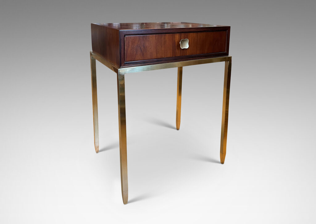 Gallery BAC brass stands with tapering legs and rosewood case with drawers