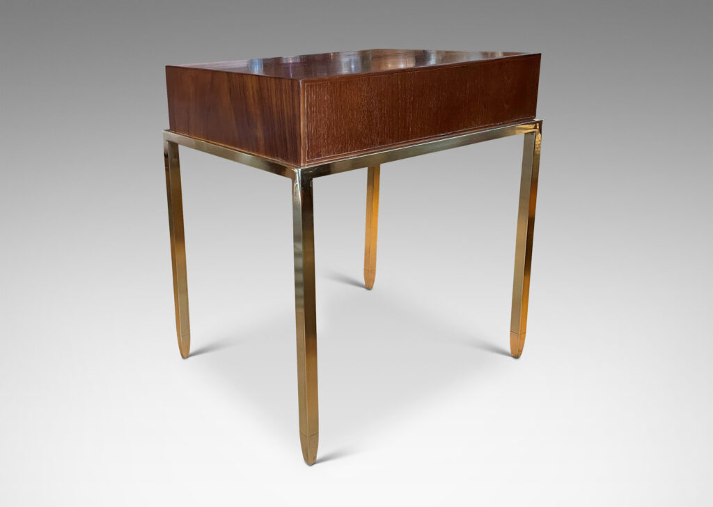 Gallery BAC brass stands with tapering legs and rosewood case with drawers