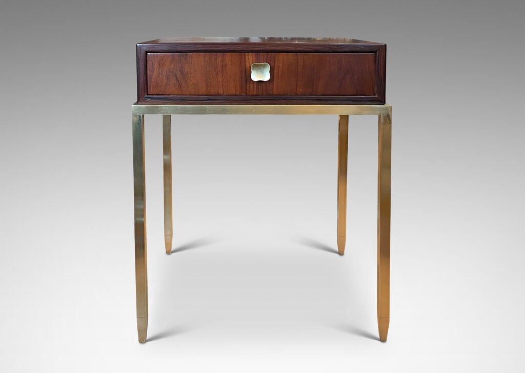 Gallery BAC brass stands with tapering legs and rosewood case with drawers