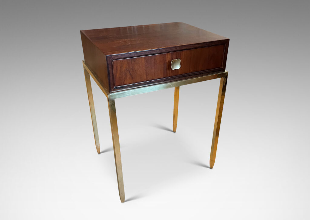 Gallery BAC brass stands with tapering legs and rosewood case with drawers