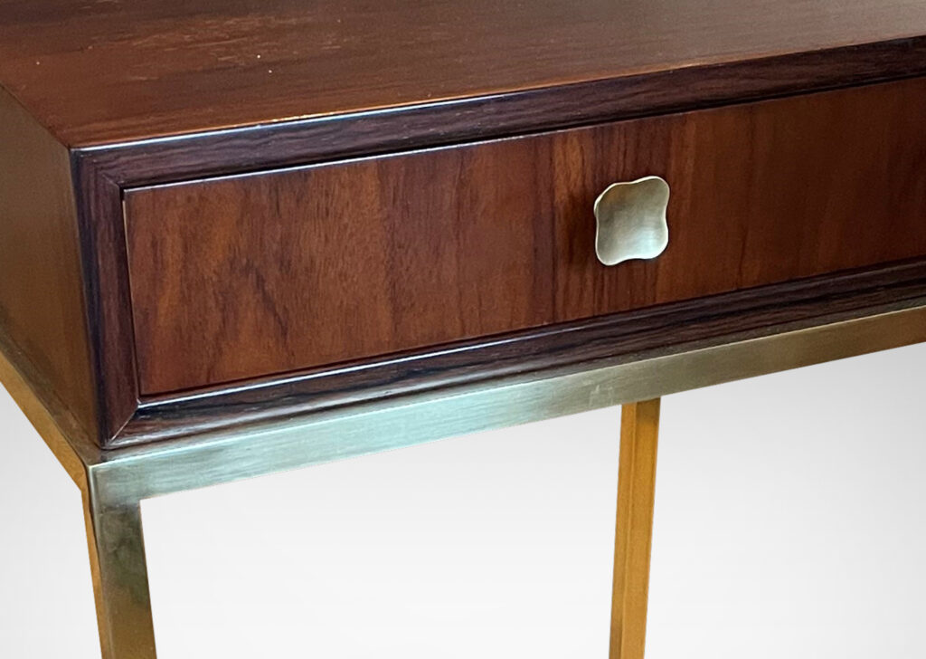 Gallery BAC brass stands with tapering legs and rosewood case with drawers