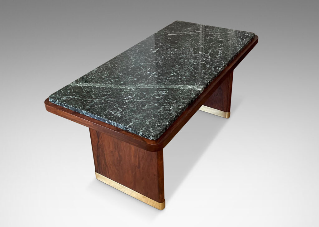 Gallery BAC rectangular top with rounded corners and inset marble surface on two rounded plank pier legs with a connecting shelf in palisander with original marble top, and brass sabots