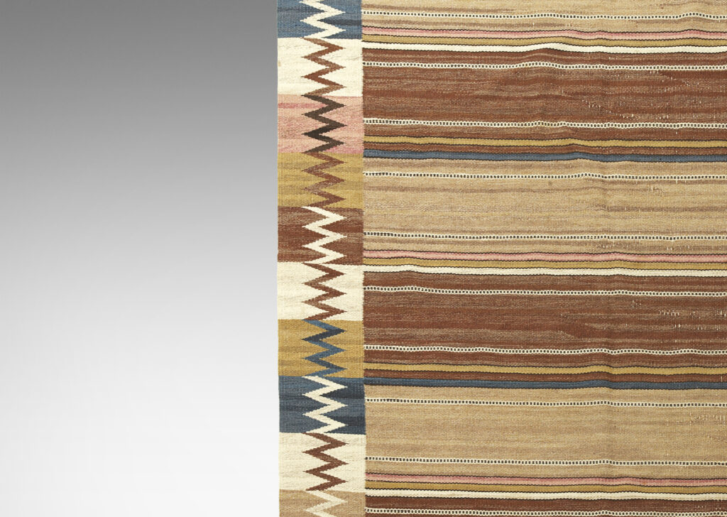 Gallery BAC long size flat-weave carpet in rose, blue, cream, brown and ochre