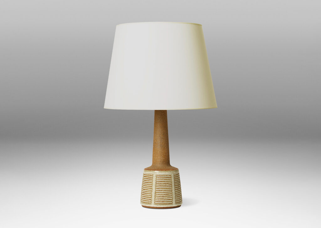 Gallery BAC long tapered neck on a flared drum base, in stoneware in a warm brown tone, partially glazed in a pale gray