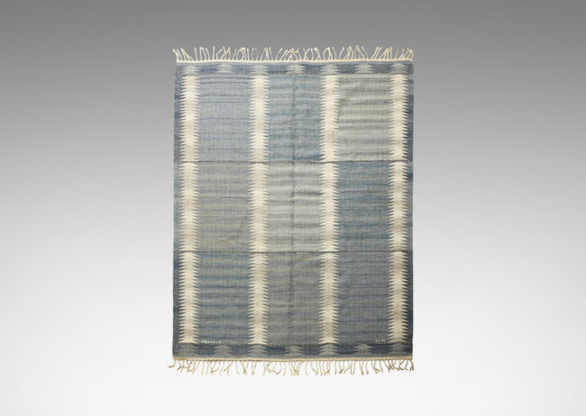 Gallery BAC Flat-weave carpet in wool in with square sections of alternating shades of blue