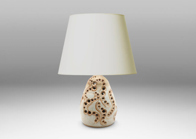 Gallery BAC pear-like form with openwork pattern and pale gray finish with brown accents