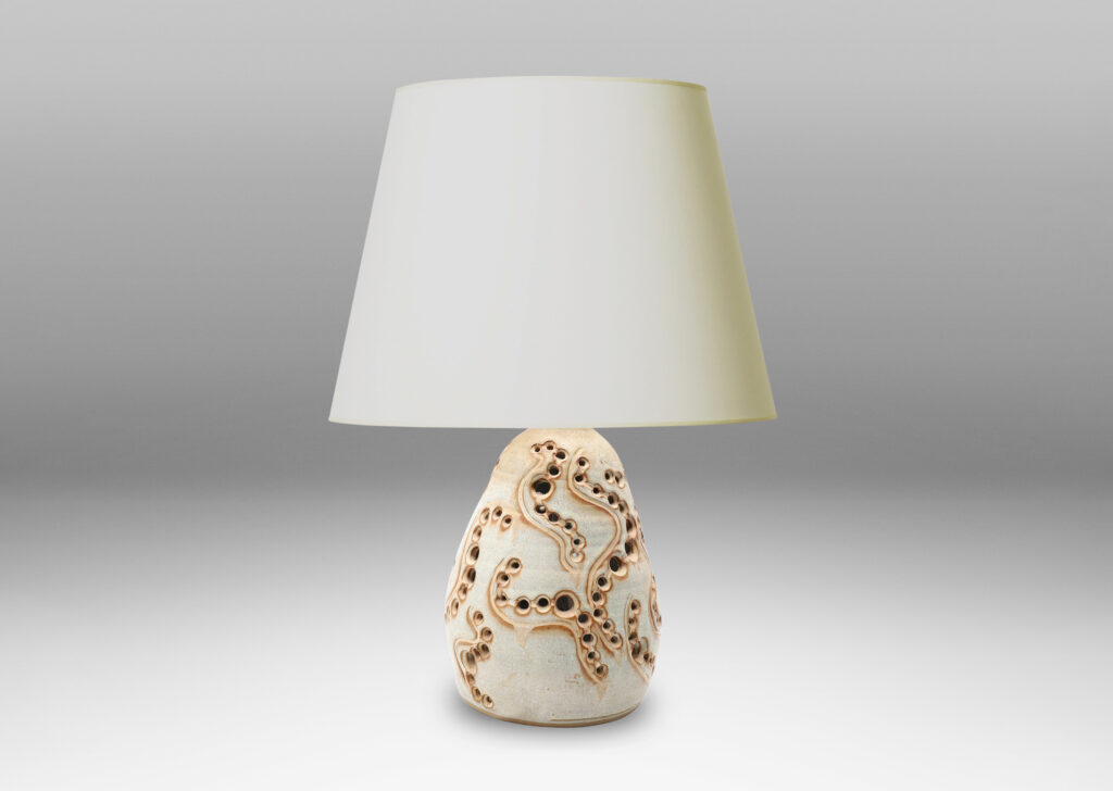 Gallery BAC pear-like form with openwork pattern and pale gray finish with brown accents