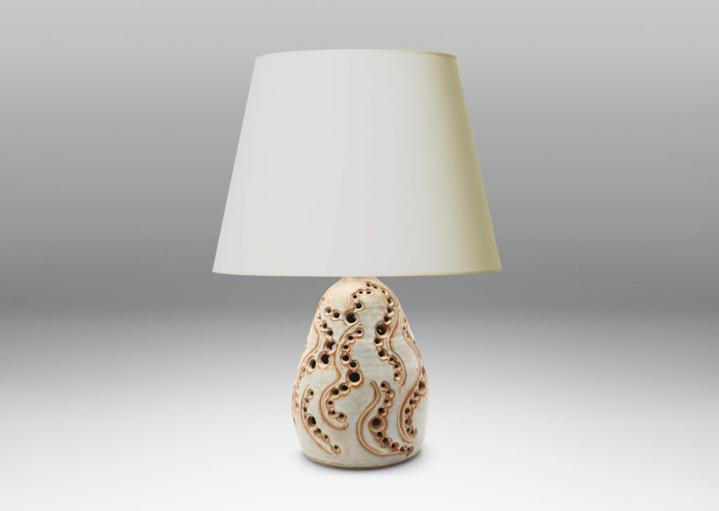 Gallery BAC pear-like form with openwork pattern and pale gray finish with brown accents