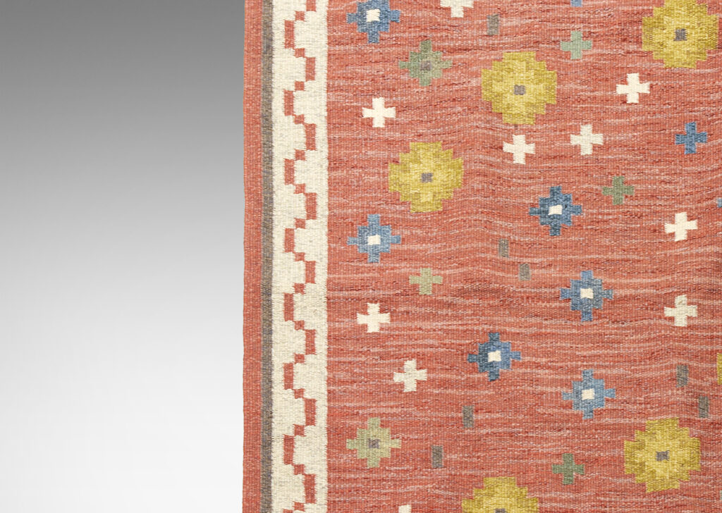 Gallery BAC coral background, with cream border with wave motif, abstracted florals in yellows and blues in field