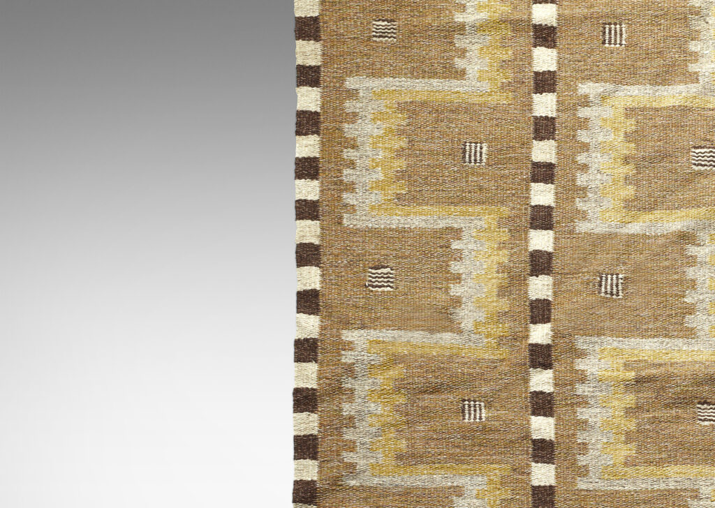 Gallery BAC pattern of Greek meanders in rows, creating a striped effect, with checkered dividers, in marled gray/brown, ivory, chocolate and ochre yarns