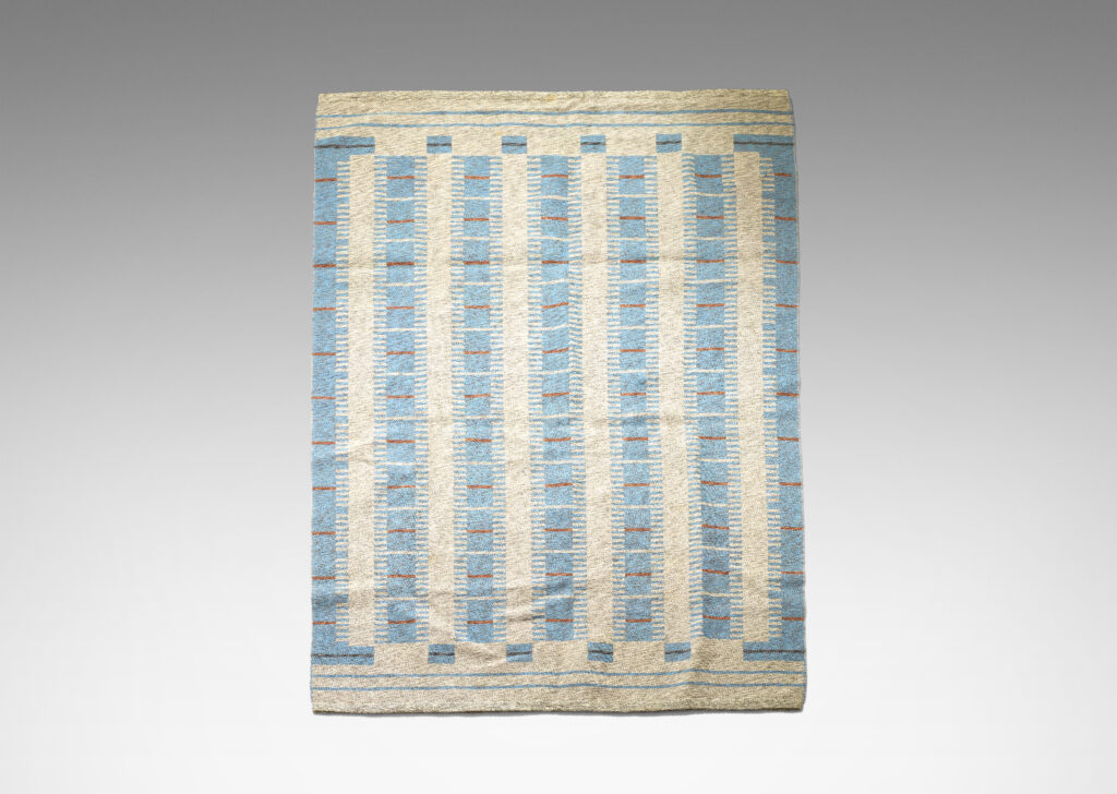 Gallery BAC geometric pattern of stripes with branching perpendiculars in marled blue and gray yarns with brown accents