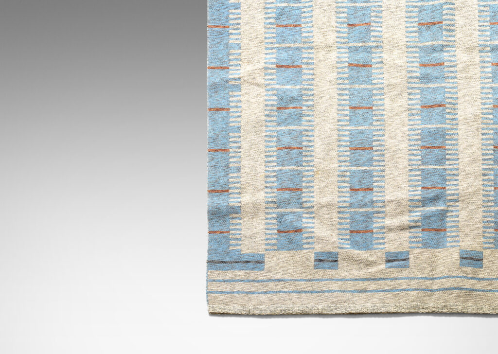 Gallery BAC geometric pattern of stripes with branching perpendiculars in marled blue and gray yarns with brown accents