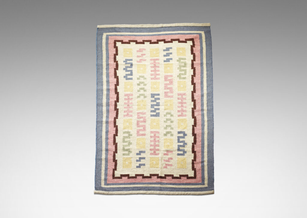 Gallery BAC field design of lemon yellow squares and various linear patterns in sage, blue and rose on an ivory background and border of outlines and Greek meander in blue, rose, ivory and brown