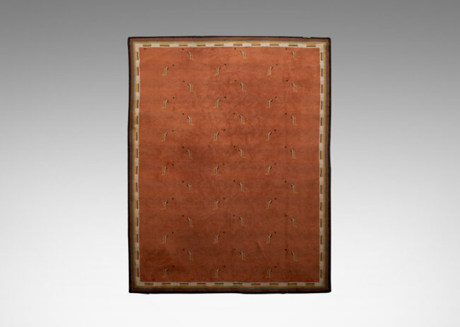 Gallery BAC salmon and brown marled field with motifs and Greek key border in ochre, brown and cream, hand-knotted wool