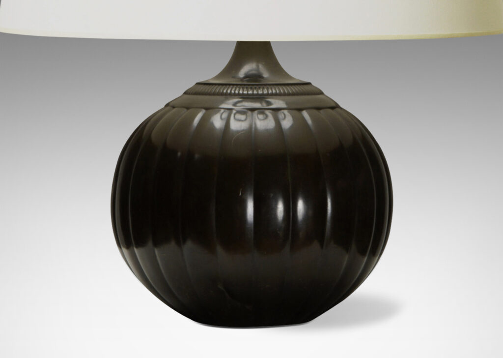 Gallery BAC lobed pumpkin form with ridged collar detail; Disko alloy with bronze-evoking patination