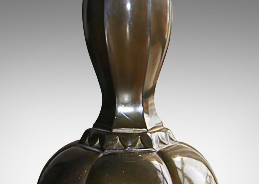 Gallery BAC gadrooned sphere form with tall undulating stand; Disko alloy with bronze-evoking patination