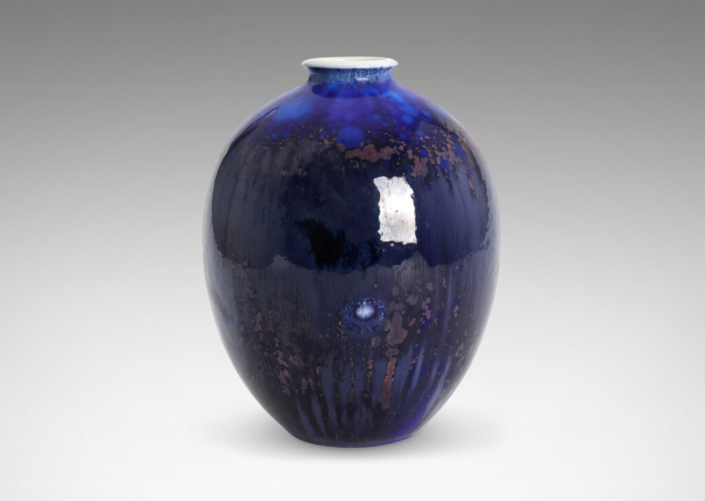 Gallery BAC having a large tapering ovoid form with a saturated blue flowing crystalline glaze