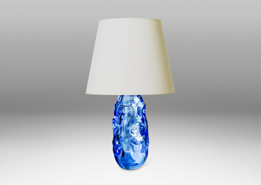 Gallery BAC ovoid form pedestal base was hand-blown in thick glass in a marvelous ultramarine blue tint