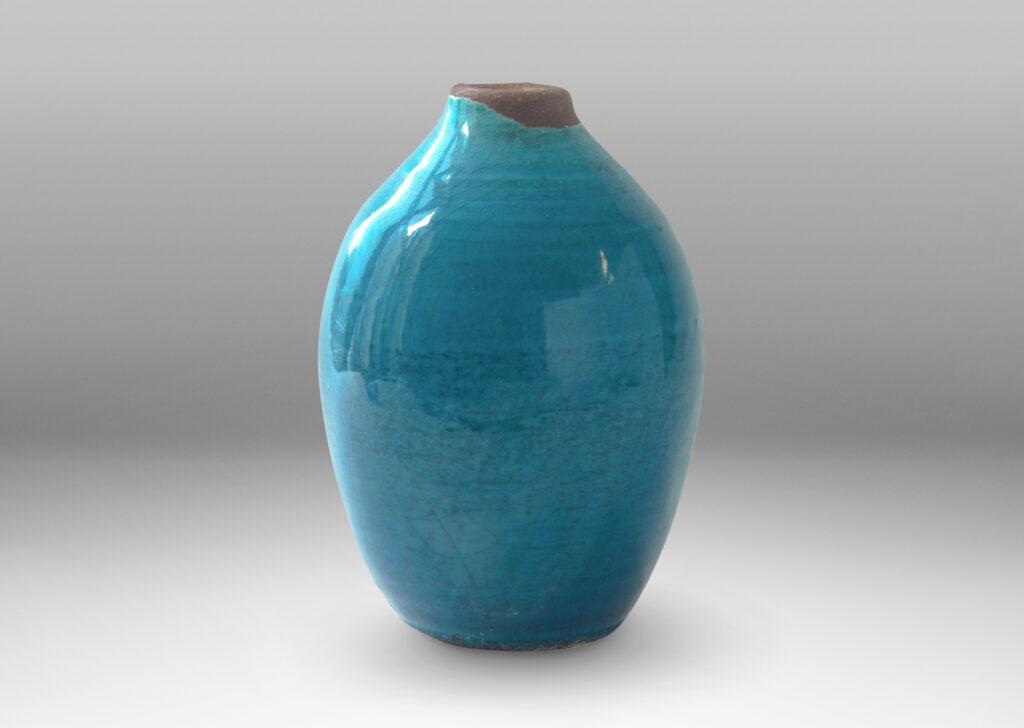 Gallery BAC ovoid form with peaked mouth in earthenware glazed in a saturated gloss cerulean