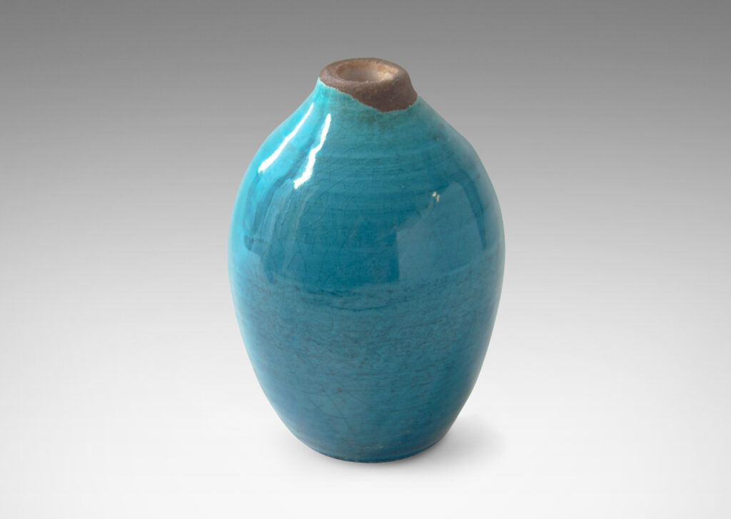 Gallery BAC ovoid form with peaked mouth in earthenware glazed in a saturated gloss cerulean