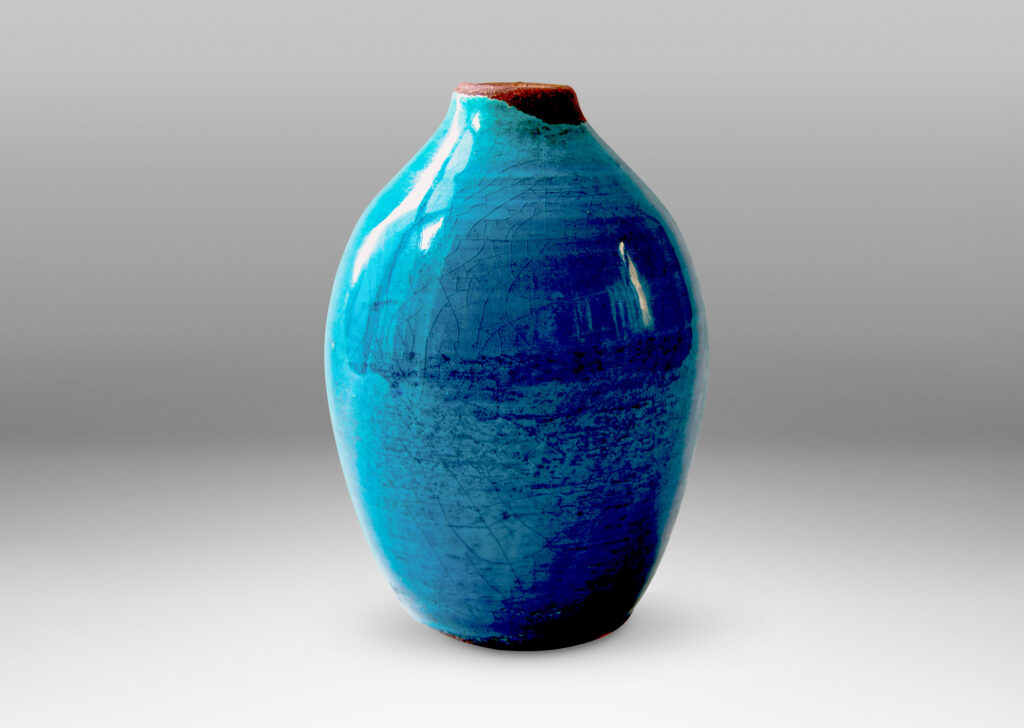 Gallery BAC ovoid form with peaked mouth in earthenware glazed in a saturated gloss cerulean