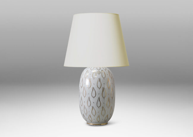 Gallery BAC ovoid form with white craquel finish and gilded leaf motifs in glazed earthenware