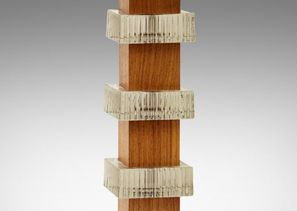 Gallery BAC molded glass squares ridged on sides, alternating with blocks of teak