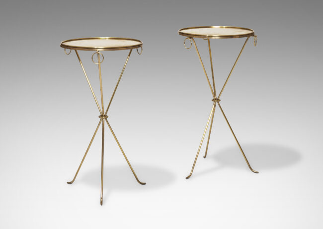 Gallery BAC Pair of tripod guéridons with hanging rings in brass by Jean-Michel Frank